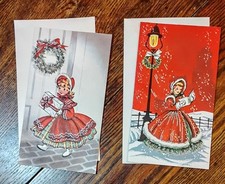 Two (2) VTG Christmas Greeting Cards wEnv Ladies Red Dresses Glitter UNUSED 1950
