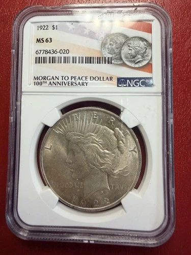 1922 $1 Peace Dollar. NGC MS-63. Free Shipping