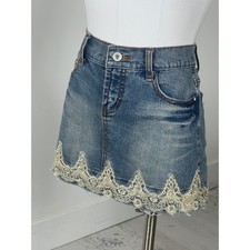 Vanilla Jeans Women Blue Denim Micro Mini Skirt Lace Embellished Y2K Size 3