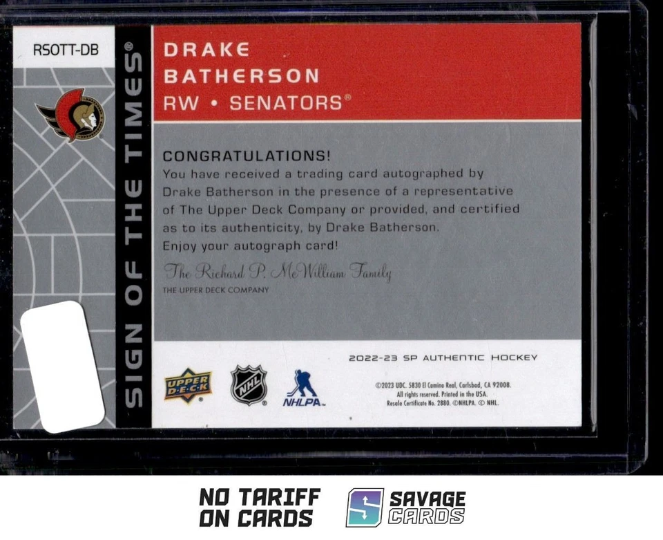 2022-23 SP Authentic Retro Sign of the Times Auto Drake Batherson . #RSOTT-DB - Image 2 of 3