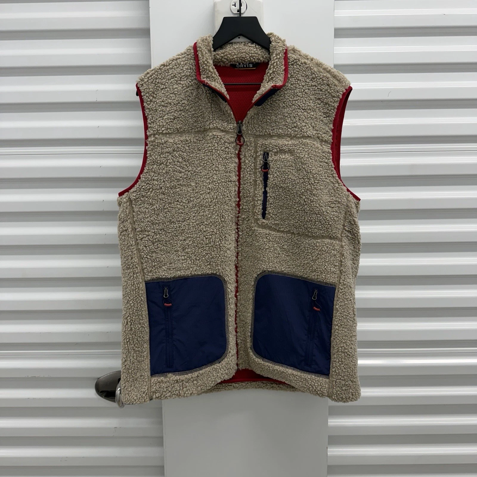 Orvis Vest High Pile Sherpa Fleece Oatmeal Outdoor Hiking Mesh Lined Men’s LG
