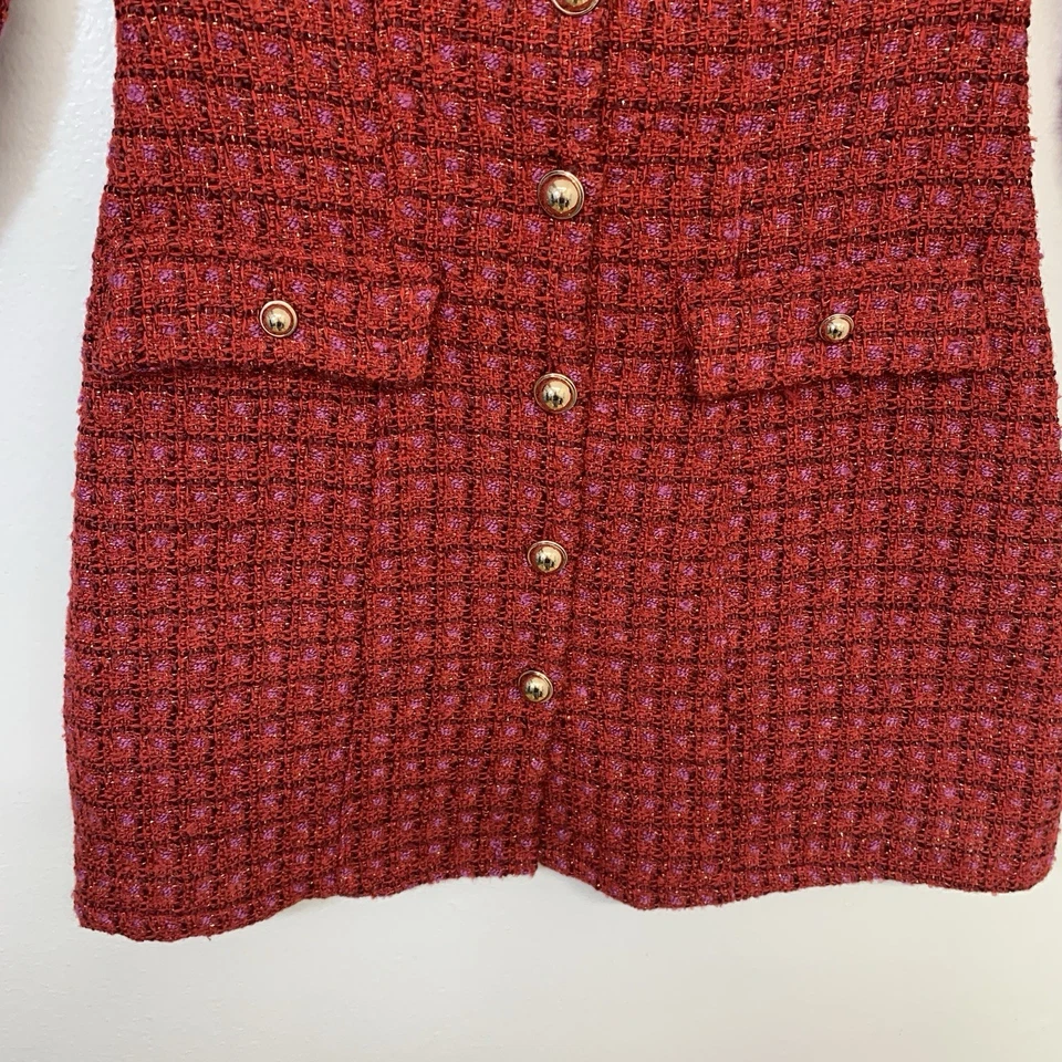 City Studio Red Tweed Metallic Mini Dress Jr 3/4 Button Front Square Neck Fitted - Image 3 of 4