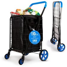 SereneLife Large Folding Utility Shopping Cart with Removable Liner – (Blue)