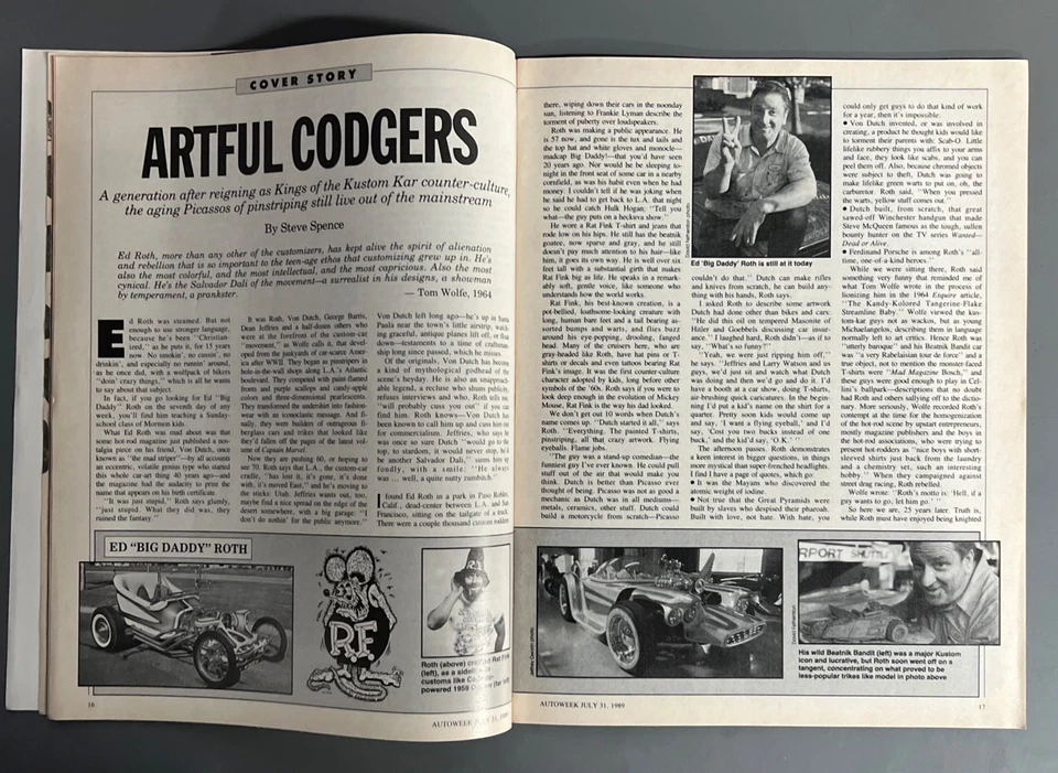 AutoWeek Vintage Magazine July 31 1989 Ed Big Daddy Roth Jeffries Kustom Kulture - Image 3 of 4