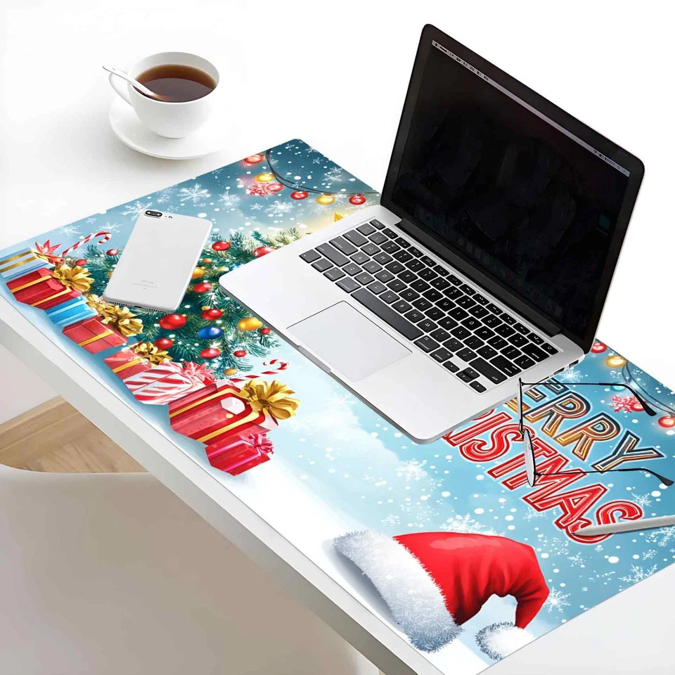White Snowflake Green Christmas Tree Desk Mat for Keyboard and Mouse Desk Pad - Image 3 of 4