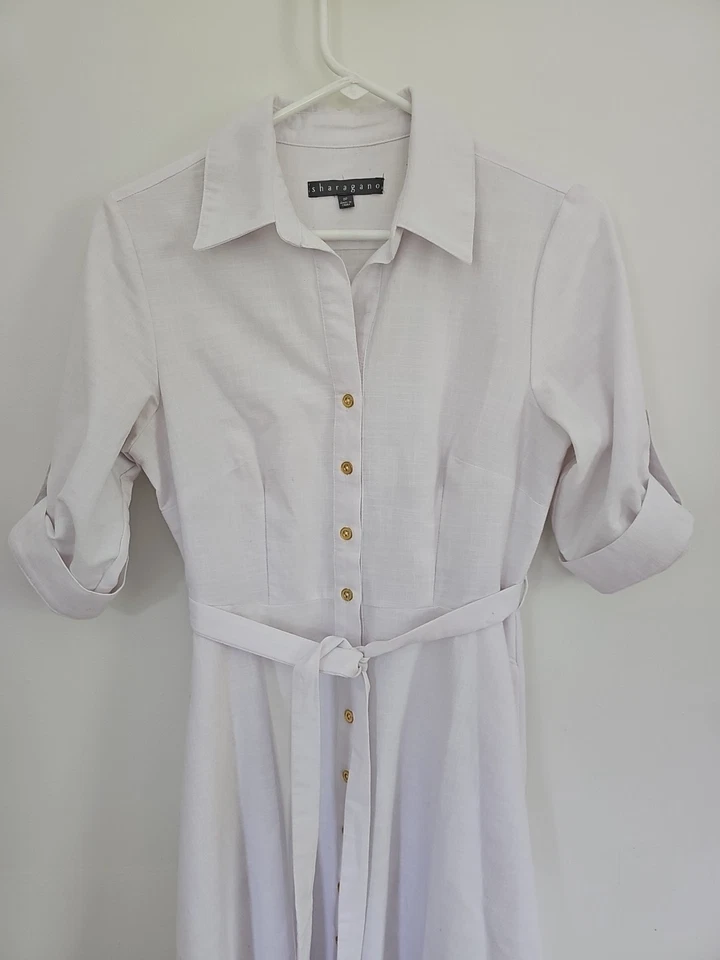 Sharagano White Button Shirt Dress Petite 8P Collar Roll-tab Sleeve Tie Belt - Image 2 of 4