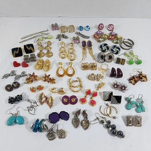 Lot of Pierced Earrings 50 Pair Dangle Stud Wearable Costume Jewelry Vtg To Mod