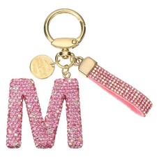 Initial Letter Keychain Cute Letter-M Sparkly Rhinestone Key Chain Charm Pink
