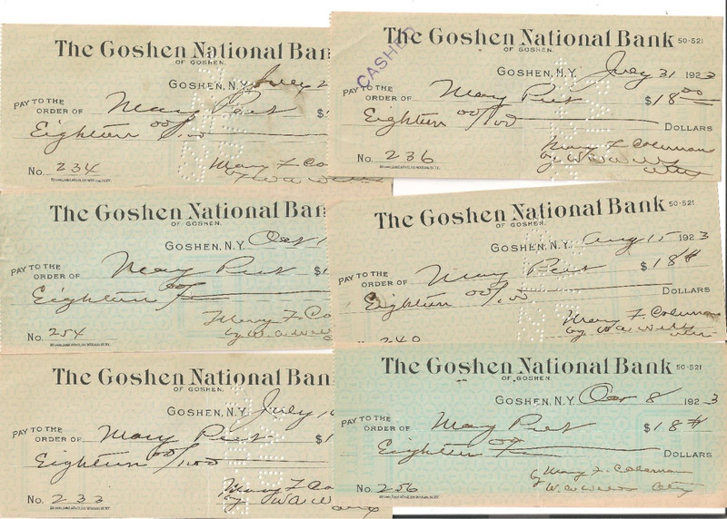 LOT of 12 Goshen NatBank checks 1923 Mary Coleman May Peel WA Wells NewYork 0353