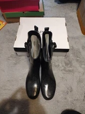 Capelli New York Rain Boots Womens 10 Black Rubber Pull On Glitter NEW