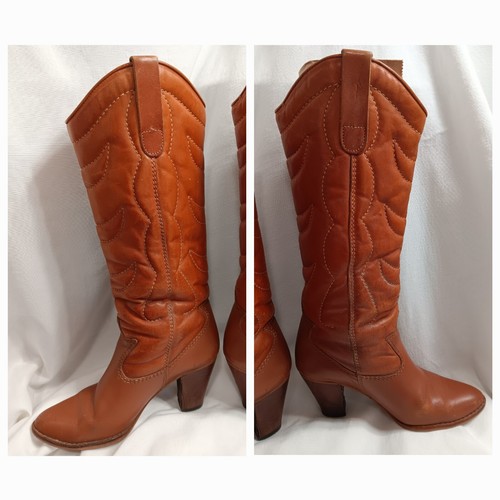 Vtg Chaps Leather Western Heel Boots Womans 7 M Brown - Picture 17 of 23