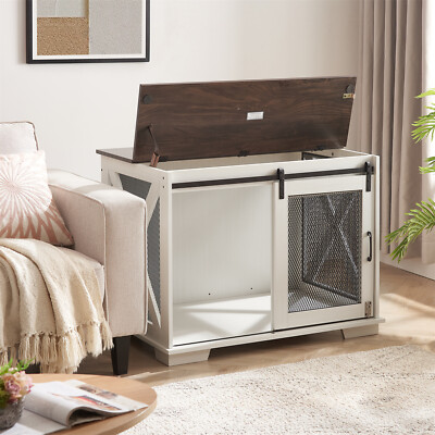 Farmhouse Dog Crate Wood Indoor Dog Kennel End Table with Sliding Barn Door