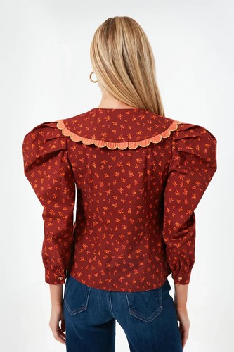 Celia B Birtwell Denali Blouse Large Puff Sleeve Scallop Collar Rust Embroidered - Picture 3 of 23