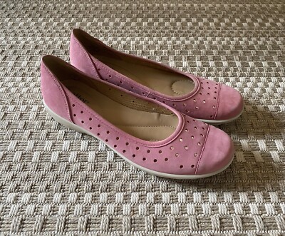 HOTTER Livvy Pink Perforated Nubuck Leather Ballet Flats Slip-on Shoes  Slim