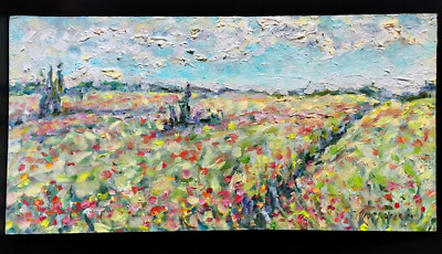 Original Oil Painting Field Red Flowers Poppies Landscape 16x8 in Signed 2022