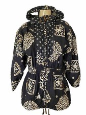 Vtg Obermeyer Fanciful Jacket Black Floral Print Hood Striped Zip Pockets 12p