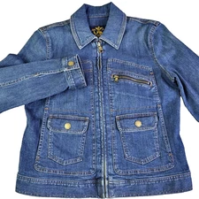 LRL Lauren Jeans Co Womens M Blue Denim Jacket Zip Front Utility Pockets Cropped