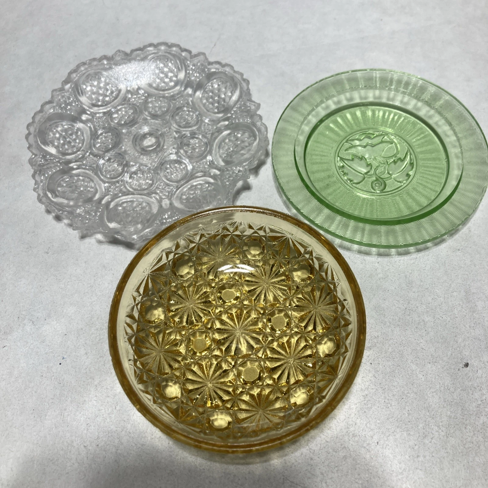 3 Cut Glass Butter Pats That Are Transparent. Clear - Green - Yellow