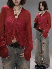 Romantic Red Ruffle Blouse Cottagecore Fairy Aesthetic Size Medium