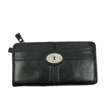 Fossil Maddox Wallet Black Leather 3/4 Zip Around Clutch Organizer 