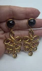 Anne Klein Black Bead Woven Gold Tone Ribbon Dangle Pierced Earrings Vintage