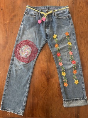 OOAK Recycled Upcycled Levi s Jeans Patches Embroidery Crochet Paint 32 X 28