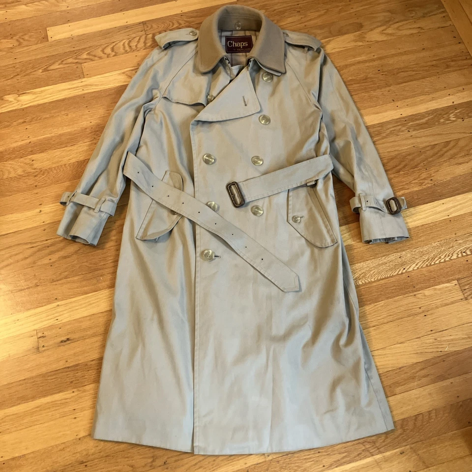 VTG Chaps Ralph Lauren Size 38R Beige Mens Trench Coat Wool Collar Belt - Image 2 of 4