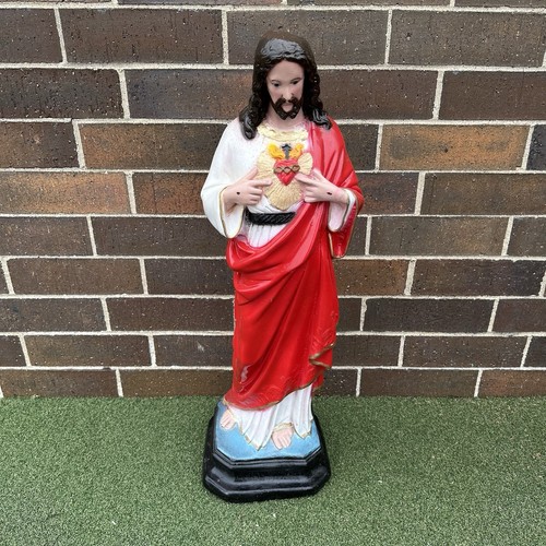 Vintage Sacred Heart Of Jesus Chalkware 32” Statue Mexico