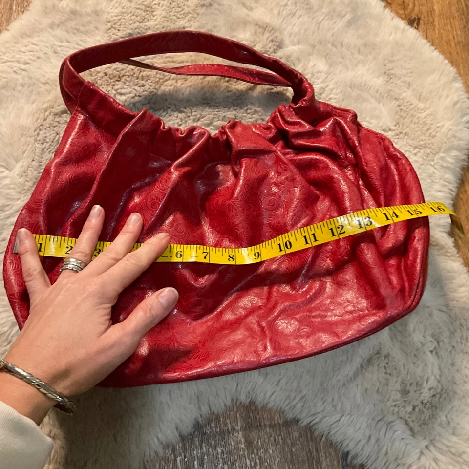 Hype Shoulder Bag Purse Red Engraved Scrunch Top Snap Closure Floral Women Hobo - Image 3 of 4