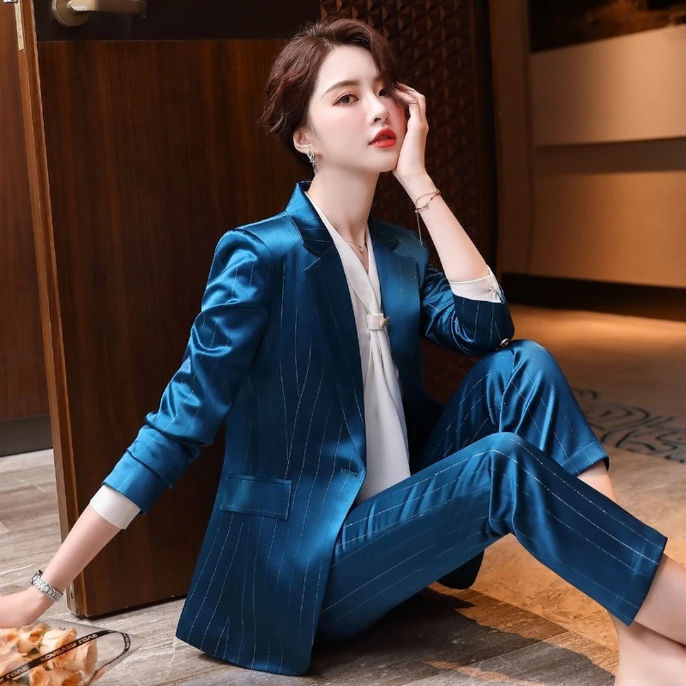 Office Lady Satin Faux Silk Blazer Suit Set Formal Business Jacket Coat  & Pants