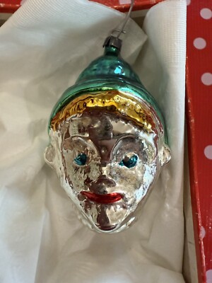Vintage  Elf Head Glass Christmas Tree Ornament Green Hat Blonde Elf Pixie