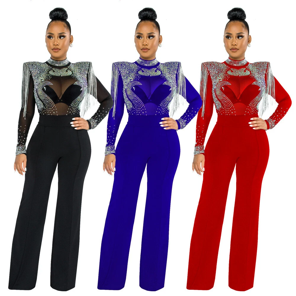 Women Long Sleeves Mesh Sheer Rhinestones Party Evening Long