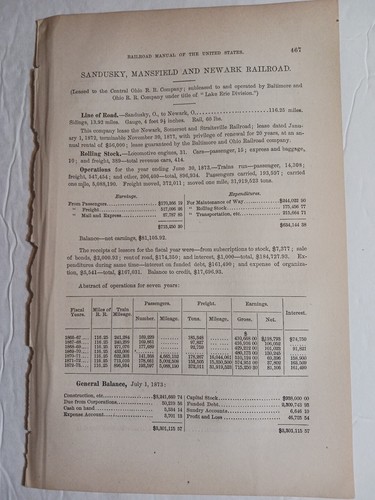 1875 Train Report SANDUSKY MANSFIELD & NEWARK RAILROAD Ohio John Gardiner Prez