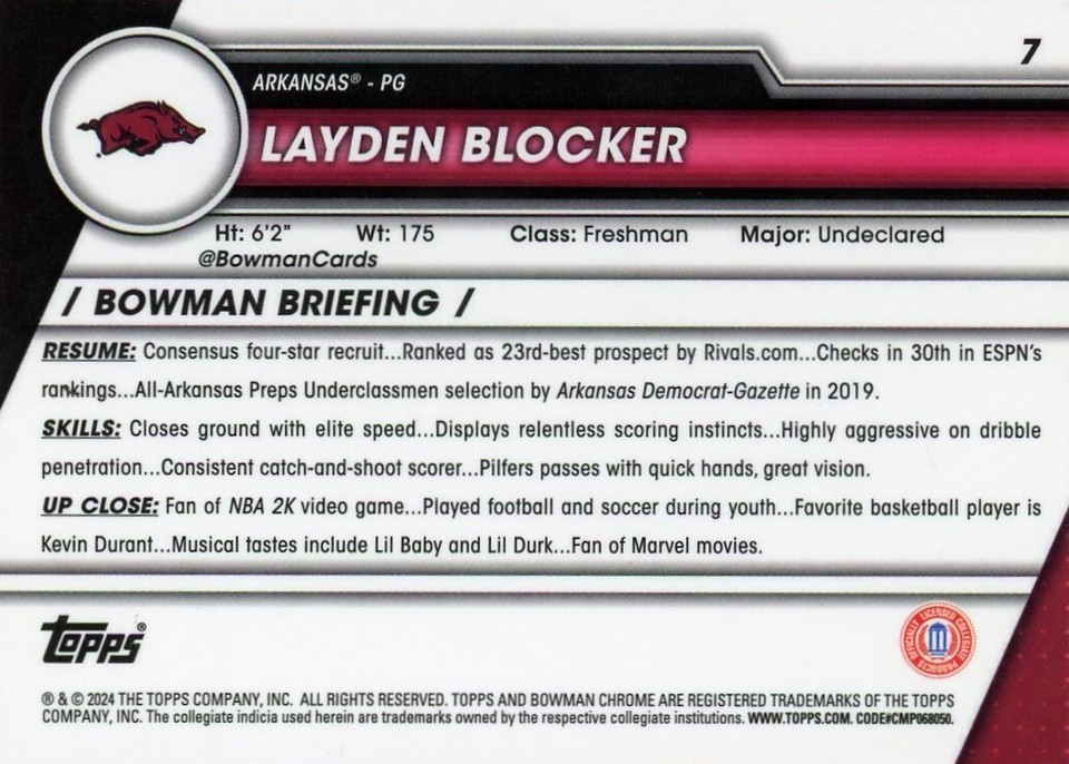 202324 Bowman Chrome University Pink Refractors 7 Layden Blocker eBay