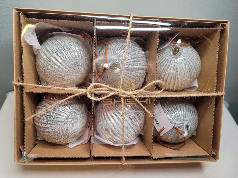 NEW Box of 6 Glass Ball Christmas Ornaments Lined Antique White 3" SHISHI