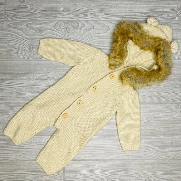 Calça longa bebê uma peça manga longa com capuz jumper e orelhas de gola de pele sintética 6-12 - Imagem 2 de 4