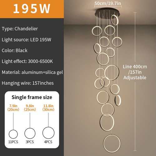 Stair Chandelier Lighting LED Hotel Lamp Home Ceiling Lights Black Pendant Light - Picture 2 of 6