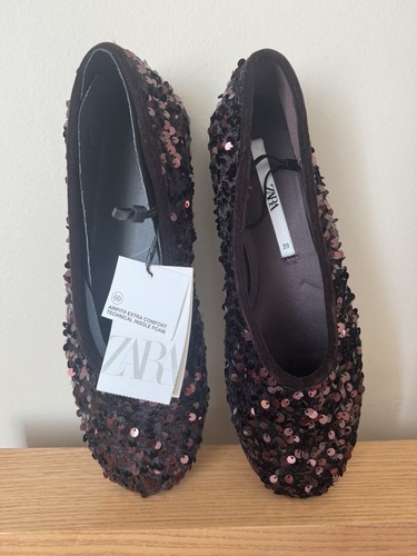 Zapatos planos de ballet de lentejuelas ZARA para mujer talla 8 marrón chocolate nuevos con etiquetas - Imagen 3 de 4