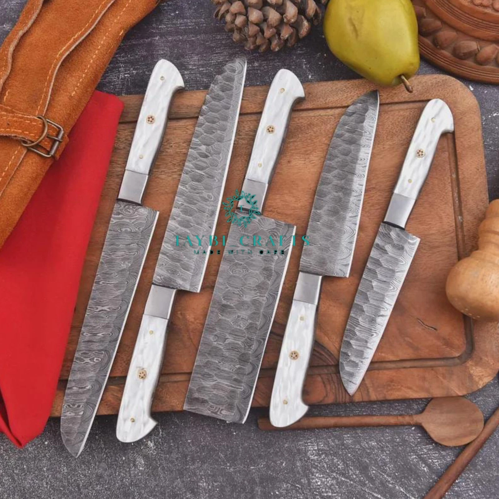 Handmade Damascus Chef Knife Set | 5-Piece Kitchen Knives with Leather Roll