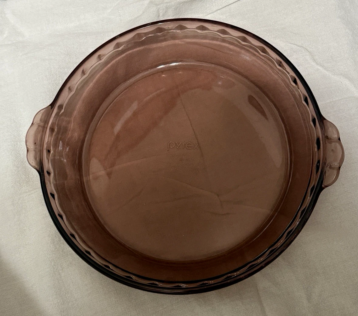 Vintage Pyrex #229 Deep Pie Dish Glass Amethyst Tint 9.5" Handles Fluted Rim MCM