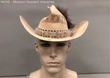 Vintage 80s Stetson Men's Natural Woven Straw Vented Cowboy Hat Feather Sz 7