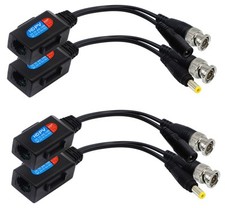 Cat5 RJ45 to BNC Video Baluns with Power for HD-CVI/TVI/AHD Cameras 2 Pairs