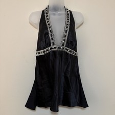 VTG Y2K Victoria s Secret 100 Silk Black Floral Headed Halter Tank Size Large