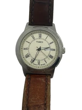 Timex Indiglo Bank Street Men’s Watch Brown Leather Band Roman Numerals Day Date