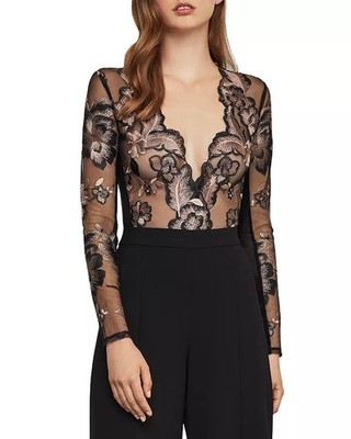 BCBGMAXZARIA EMBROIDERED SHEER BODYSUIT
