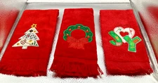 Vintage Festive Red Holiday Bath Hand Towels embroidered