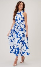 MICHELLE KEEGAN (VERY) - COBALT BLUE WHITE FLORAL HALTER NECK DRESS - 10 - NWOT