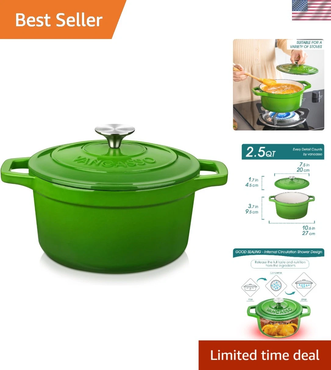 2.5 QT Green Non-Stick Cast Iron Dutch Oven for Effortless Cooking