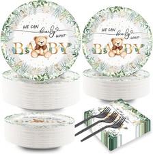 200PCS Sage Green Bear Baby Shower Decoration Teddy Plates Napkins We Can Bearly