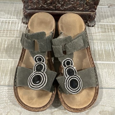 Rieker Gray Strappy Slide Sandals Wedge Beaded Accents Slip-On Womens 9